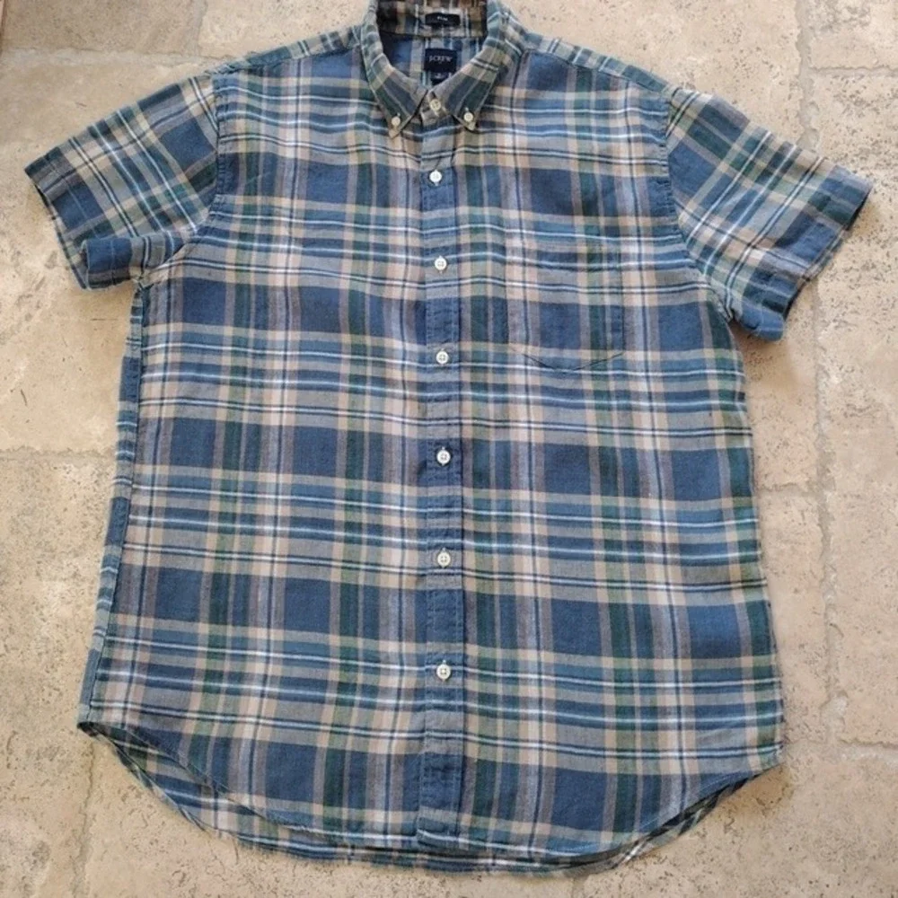 J. Crew Button Down Shirt Man‎ L Green Blue Plaid Short Sleeve Linen Blend Slim